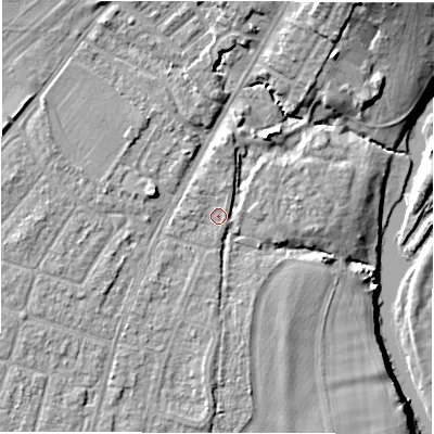 Shaded relief map of the ground around CV346AU, computed from Environment Agency LiDAR. The ground here sits at about 50 m above sea level and falls 13 m across the surrounding 800 m. Surface water reaching this point runs off ground lying to the north, 1.3 m higher.