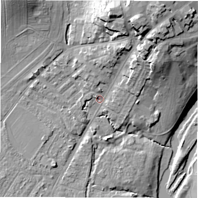 Shaded relief map of the ground around CV346AW, computed from Environment Agency LiDAR. The ground here sits at about 49 m above sea level and falls 28 m across the surrounding 800 m. Surface water reaching this point runs off ground lying to the north-east, 22.4 m higher.