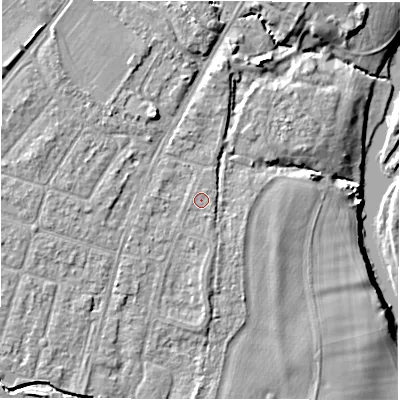 Shaded relief map of the ground around CV346AX, computed from Environment Agency LiDAR. The ground here sits at about 49 m above sea level and falls 9 m across the surrounding 800 m. Surface water reaching this point runs off ground lying to the north-north-east, 0.5 m higher.