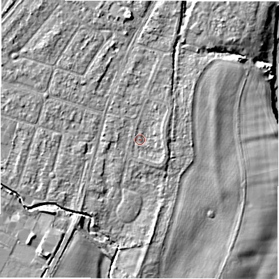 Shaded relief map of the ground around CV346AY, computed from Environment Agency LiDAR. The ground here sits at about 49 m above sea level and falls 9 m across the surrounding 800 m. Surface water reaching this point runs off ground lying to the east-north-east, 1.4 m higher.
