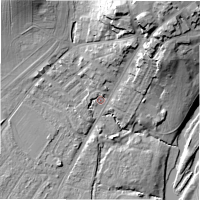 Shaded relief map of the ground around CV346AZ, computed from Environment Agency LiDAR. The ground here sits at about 49 m above sea level and falls 28 m across the surrounding 800 m. Surface water reaching this point runs off ground lying to the north-north-east, 20.7 m higher.