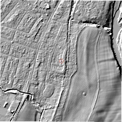 Shaded relief map of the ground around CV346BA, computed from Environment Agency LiDAR. The ground here sits at about 49 m above sea level and falls 9 m across the surrounding 800 m. Surface water reaching this point runs off ground lying to the north-east, 1.4 m higher.