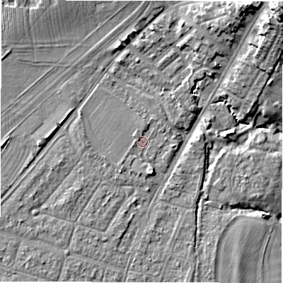 Shaded relief map of the ground around CV346BL, computed from Environment Agency LiDAR. The ground here sits at about 50 m above sea level and falls 19 m across the surrounding 800 m. Surface water reaching this point runs off ground lying to the north-west, 0.8 m higher.