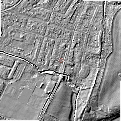 Shaded relief map of the ground around CV346BQ, computed from Environment Agency LiDAR. The ground here sits at about 49 m above sea level and falls 7 m across the surrounding 800 m. Surface water reaching this point runs off ground lying to the west, 0.7 m higher.