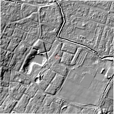 Shaded relief map of the ground around CV346GU, computed from Environment Agency LiDAR. The ground here sits at about 49 m above sea level and falls 6 m across the surrounding 800 m. Surface water reaching this point runs off ground lying to the north-east, 0.8 m higher.