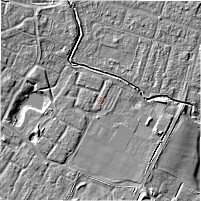 Shaded relief map of the ground around CV346GX, computed from Environment Agency LiDAR. The ground here sits at about 49 m above sea level and falls 7 m across the surrounding 800 m. Surface water reaching this point runs off ground lying to the north, 0.8 m higher.
