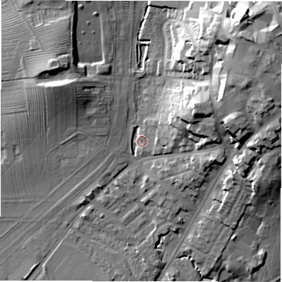 Shaded relief map of the ground around CV346HF, computed from Environment Agency LiDAR. The ground here sits at about 52 m above sea level and falls 29 m across the surrounding 800 m. Surface water reaching this point runs off ground lying to the north-east, 24.4 m higher.