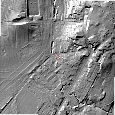 Shaded relief map of the ground around CV346HG, computed from Environment Agency LiDAR. The ground here sits at about 52 m above sea level and falls 31 m across the surrounding 800 m. Surface water reaching this point runs off ground lying to the north-east, 20.4 m higher.