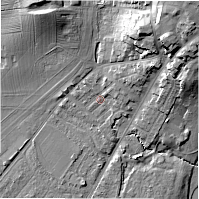 Shaded relief map of the ground around CV346HL, computed from Environment Agency LiDAR. The ground here sits at about 50 m above sea level and falls 29 m across the surrounding 800 m. Surface water reaching this point runs off ground lying to the north-east, 22.4 m higher.