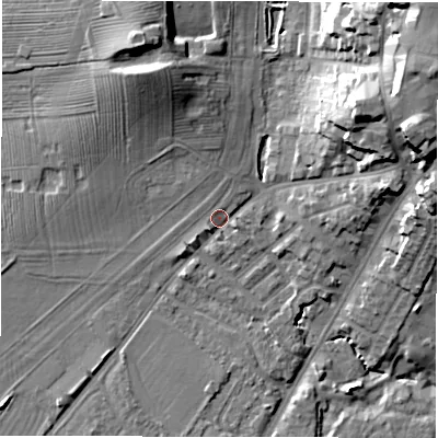Shaded relief map of the ground around CV346HN, computed from Environment Agency LiDAR. The ground here sits at about 51 m above sea level and falls 28 m across the surrounding 800 m. Surface water reaching this point runs off ground lying to the north-east, 23.2 m higher.