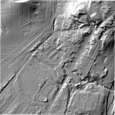 Shaded relief map of the ground around CV346HP, computed from Environment Agency LiDAR. The ground here sits at about 50 m above sea level and falls 29 m across the surrounding 800 m. Surface water reaching this point runs off ground lying to the west-south-west, 1.1 m higher.