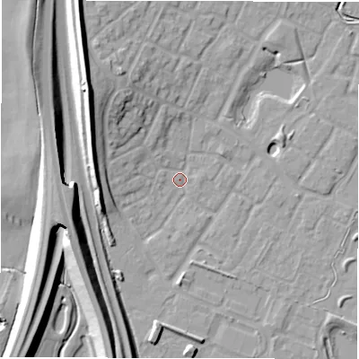 Shaded relief map of the ground around CV346HQ, computed from Environment Agency LiDAR. The ground here sits at about 49 m above sea level and falls 16 m across the surrounding 800 m. Surface water reaching this point runs off ground lying to the north-west, 14.6 m higher.