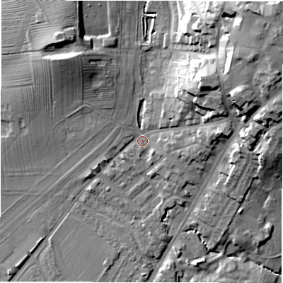 Shaded relief map of the ground around CV346HT, computed from Environment Agency LiDAR. The ground here sits at about 51 m above sea level and falls 31 m across the surrounding 800 m. Surface water reaching this point runs off ground lying to the north-east, 24.4 m higher.