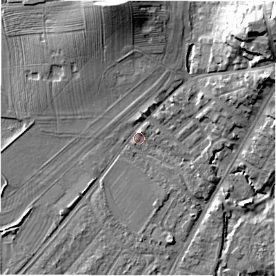 Shaded relief map of the ground around CV346HU, computed from Environment Agency LiDAR. The ground here sits at about 51 m above sea level and falls 24 m across the surrounding 800 m. Surface water reaching this point runs off ground lying to the north-north-east, 2.0 m higher.