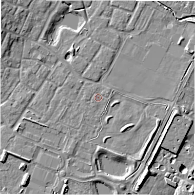 Shaded relief map of the ground around CV346HY, computed from Environment Agency LiDAR. The ground here sits at about 49 m above sea level and falls 10 m across the surrounding 800 m. Surface water reaching this point runs off ground lying to the east-north-east, 0.9 m higher.