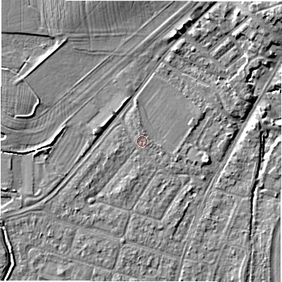 Shaded relief map of the ground around CV346JA, computed from Environment Agency LiDAR. The ground here sits at about 50 m above sea level and falls 8 m across the surrounding 800 m. Surface water reaching this point runs off ground lying to the north-north-west, 3.6 m higher.