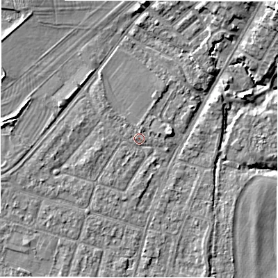 Shaded relief map of the ground around CV346JB, computed from Environment Agency LiDAR. The ground here sits at about 50 m above sea level and falls 11 m across the surrounding 800 m. Surface water reaching this point runs off ground lying to the north-east, 3.3 m higher.