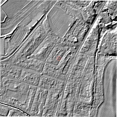 Shaded relief map of the ground around CV346JD, computed from Environment Agency LiDAR. The ground here sits at about 50 m above sea level and falls 6 m across the surrounding 800 m. Surface water reaching this point runs off ground lying to the west-south-west, 0.8 m higher.