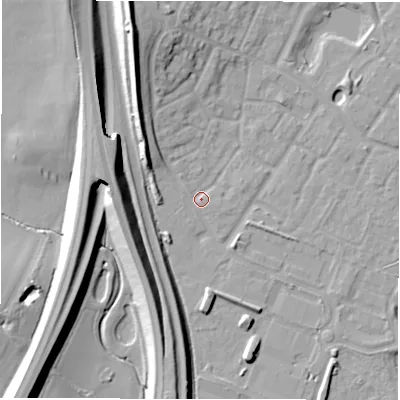 Shaded relief map of the ground around CV346JE, computed from Environment Agency LiDAR. The ground here sits at about 49 m above sea level and falls 16 m across the surrounding 800 m. Surface water reaching this point runs off ground lying to the north-north-west, 14.7 m higher.