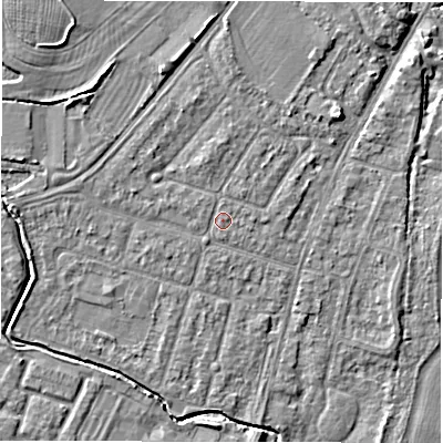 Shaded relief map of the ground around CV346JF, computed from Environment Agency LiDAR. The ground here sits at about 50 m above sea level and falls 5 m across the surrounding 800 m. Surface water reaching this point runs off ground lying to the north-north-west, 1.4 m higher.