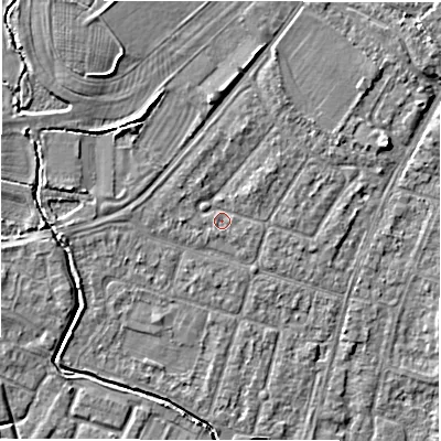 Shaded relief map of the ground around CV346JH, computed from Environment Agency LiDAR. The ground here sits at about 50 m above sea level and falls 5 m across the surrounding 800 m. Surface water reaching this point runs off ground lying to the north-north-east, 1.4 m higher.