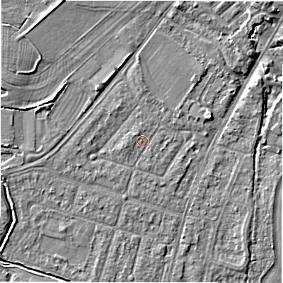 Shaded relief map of the ground around CV346JQ, computed from Environment Agency LiDAR. The ground here sits at about 50 m above sea level and falls 5 m across the surrounding 800 m. Surface water reaching this point runs off ground lying to the north-west, 1.0 m higher.