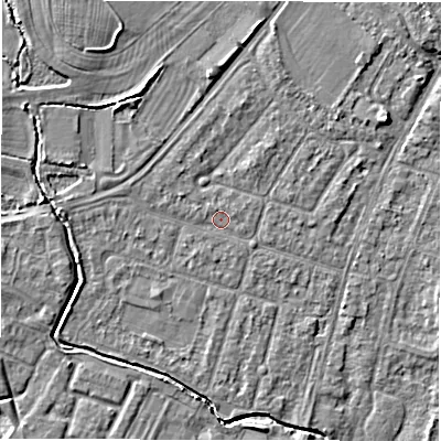 Shaded relief map of the ground around CV346JR, computed from Environment Agency LiDAR. The ground here sits at about 50 m above sea level and falls 5 m across the surrounding 800 m. Surface water reaching this point runs off ground lying to the west-north-west, 1.0 m higher.