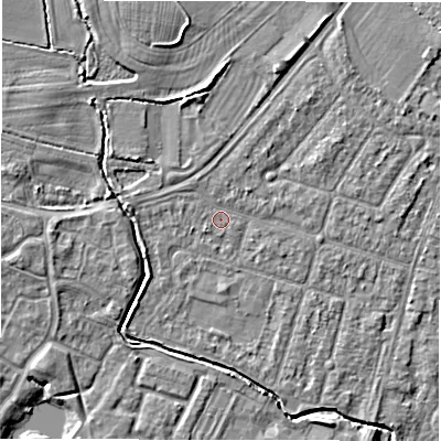 Shaded relief map of the ground around CV346JS, computed from Environment Agency LiDAR. The ground here sits at about 50 m above sea level and falls 5 m across the surrounding 800 m. Surface water reaching this point runs off ground lying to the north-north-west, 0.8 m higher.