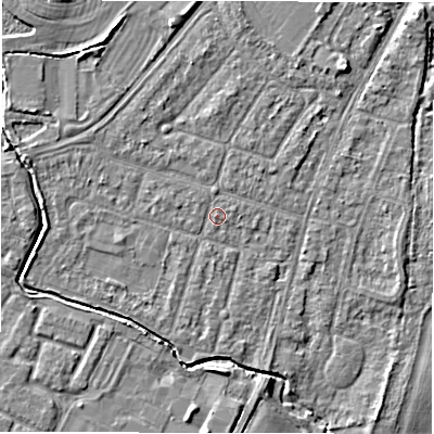 Shaded relief map of the ground around CV346JU, computed from Environment Agency LiDAR. The ground here sits at about 50 m above sea level and falls 6 m across the surrounding 800 m. Surface water reaching this point runs off ground lying to the north, 0.7 m higher.