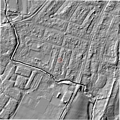Shaded relief map of the ground around CV346JX, computed from Environment Agency LiDAR. The ground here sits at about 49 m above sea level and falls 6 m across the surrounding 800 m. Surface water reaching this point runs off ground lying to the north-east, 0.7 m higher.