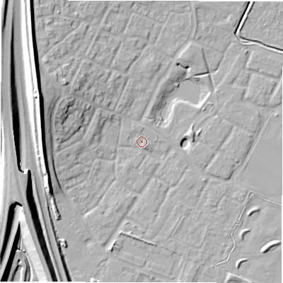 Shaded relief map of the ground around CV346JY, computed from Environment Agency LiDAR. The ground here sits at about 49 m above sea level and falls 16 m across the surrounding 800 m. Surface water reaching this point runs off ground lying to the north-west, 6.8 m higher.