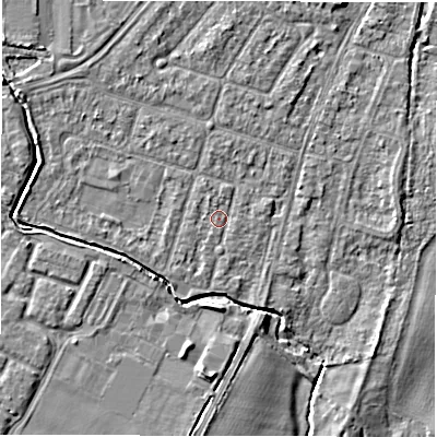 Shaded relief map of the ground around CV346JZ, computed from Environment Agency LiDAR. The ground here sits at about 49 m above sea level and falls 6 m across the surrounding 800 m. Surface water reaching this point runs off ground lying to the north-north-west, 1.0 m higher.