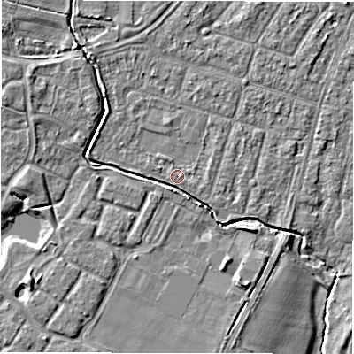 Shaded relief map of the ground around CV346LA, computed from Environment Agency LiDAR. The ground here sits at about 49 m above sea level and falls 7 m across the surrounding 800 m. Surface water reaching this point runs off ground lying to the north-west, 4.0 m higher.