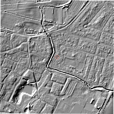 Shaded relief map of the ground around CV346LB, computed from Environment Agency LiDAR. The ground here sits at about 49 m above sea level and falls 6 m across the surrounding 800 m. Surface water reaching this point runs off ground lying to the north-north-west, 1.7 m higher.