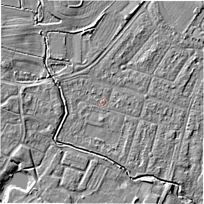 Shaded relief map of the ground around CV346LD, computed from Environment Agency LiDAR. The ground here sits at about 50 m above sea level and falls 6 m across the surrounding 800 m. Surface water reaching this point runs off ground lying to the west-north-west, 1.7 m higher.