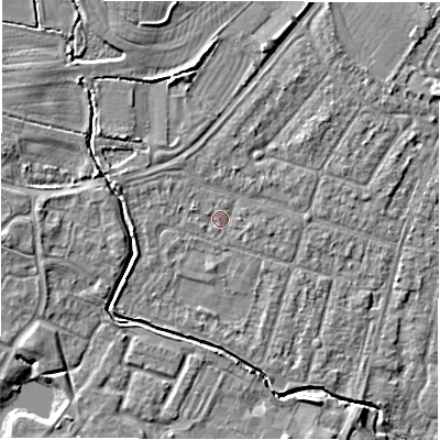 Shaded relief map of the ground around CV346LF, computed from Environment Agency LiDAR. The ground here sits at about 50 m above sea level and falls 5 m across the surrounding 800 m. Surface water reaching this point runs off ground lying to the east-south-east, 0.6 m higher.