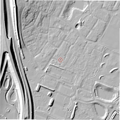Shaded relief map of the ground around CV346LJ, computed from Environment Agency LiDAR. The ground here sits at about 49 m above sea level and falls 16 m across the surrounding 800 m. The ground contributing surface water to this point lies to the north-north-east.
