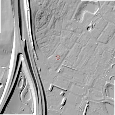 Shaded relief map of the ground around CV346LL, computed from Environment Agency LiDAR. The ground here sits at about 49 m above sea level and falls 16 m across the surrounding 800 m. Surface water reaching this point runs off ground lying to the north-east, 0.8 m higher.