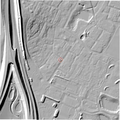 Shaded relief map of the ground around CV346LN, computed from Environment Agency LiDAR. The ground here sits at about 49 m above sea level and falls 16 m across the surrounding 800 m. Surface water reaching this point runs off ground lying to the north-west, 15.8 m higher.