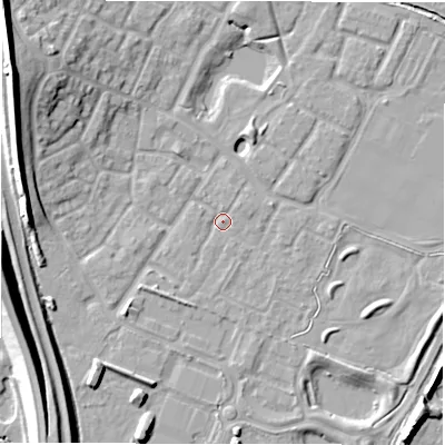 Shaded relief map of the ground around CV346LY, computed from Environment Agency LiDAR. The ground here sits at about 49 m above sea level and falls 16 m across the surrounding 800 m. Surface water reaching this point runs off ground lying to the north-north-east, 2.3 m higher.