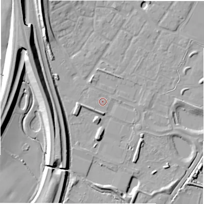 Shaded relief map of the ground around CV346NH, computed from Environment Agency LiDAR. The ground here sits at about 48 m above sea level and falls 14 m across the surrounding 800 m. The ground contributing surface water to this point lies to the west-south-west.