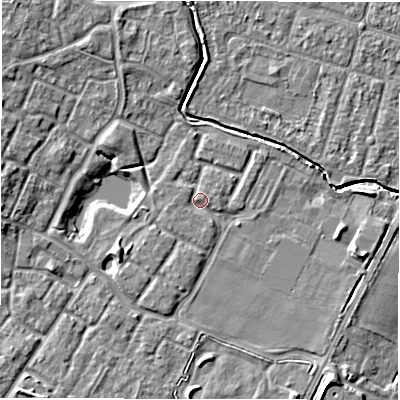 Shaded relief map of the ground around CV346NY, computed from Environment Agency LiDAR. The ground here sits at about 49 m above sea level and falls 6 m across the surrounding 800 m. Surface water reaching this point runs off ground lying to the north, 1.3 m higher.