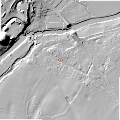 Shaded relief map of the ground around CV346PD, computed from Environment Agency LiDAR. The ground here sits at about 47 m above sea level and falls 34 m across the surrounding 800 m. Surface water reaching this point runs off ground lying to the east-south-east, 4.1 m higher.
