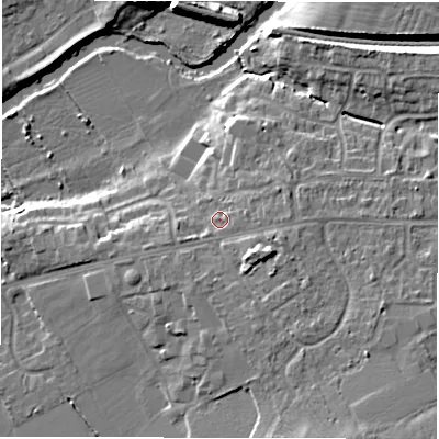 Shaded relief map of the ground around CV346PS, computed from Environment Agency LiDAR. The ground here sits at about 51 m above sea level and falls 12 m across the surrounding 800 m. Surface water reaching this point runs off ground lying to the east-south-east, 3.8 m higher.