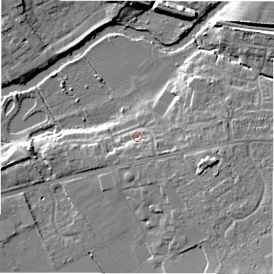 Shaded relief map of the ground around CV346QH, computed from Environment Agency LiDAR. The ground here sits at about 50 m above sea level and falls 12 m across the surrounding 800 m. Surface water reaching this point runs off ground lying to the south, 3.9 m higher.
