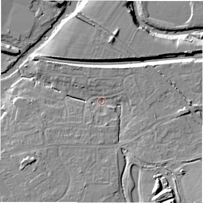 Shaded relief map of the ground around CV346QS, computed from Environment Agency LiDAR. The ground here sits at about 49 m above sea level and falls 18 m across the surrounding 800 m. Surface water reaching this point runs off ground lying to the south-east, 12.3 m higher.