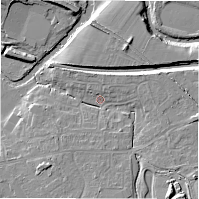 Shaded relief map of the ground around CV346QT, computed from Environment Agency LiDAR. The ground here sits at about 50 m above sea level and falls 16 m across the surrounding 800 m. Surface water reaching this point runs off ground lying to the north-east, 4.8 m higher.