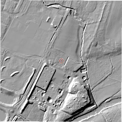 Shaded relief map of the ground around CV346RA, computed from Environment Agency LiDAR. The ground here sits at about 48 m above sea level and falls 12 m across the surrounding 800 m. Surface water reaching this point runs off ground lying to the west-south-west, 1.9 m higher.