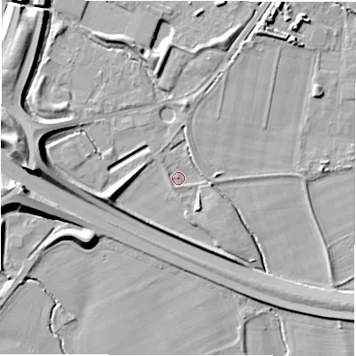 Shaded relief map of the ground around CV346RB, computed from Environment Agency LiDAR. The ground here sits at about 48 m above sea level and falls 12 m across the surrounding 800 m. Surface water reaching this point runs off ground lying to the south-east, 3.5 m higher.