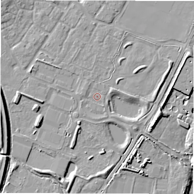 Shaded relief map of the ground around CV346RG, computed from Environment Agency LiDAR. The ground here sits at about 48 m above sea level and falls 12 m across the surrounding 800 m. Surface water reaching this point runs off ground lying to the east-north-east, 3.9 m higher.